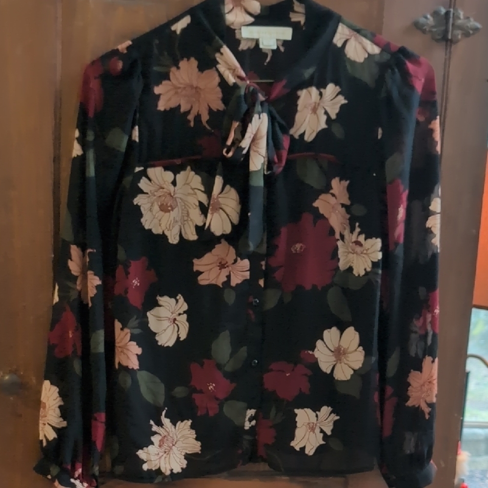 Monteau Black Sheer Sleeve Floral Blouse with Cream, Green & Red Accents